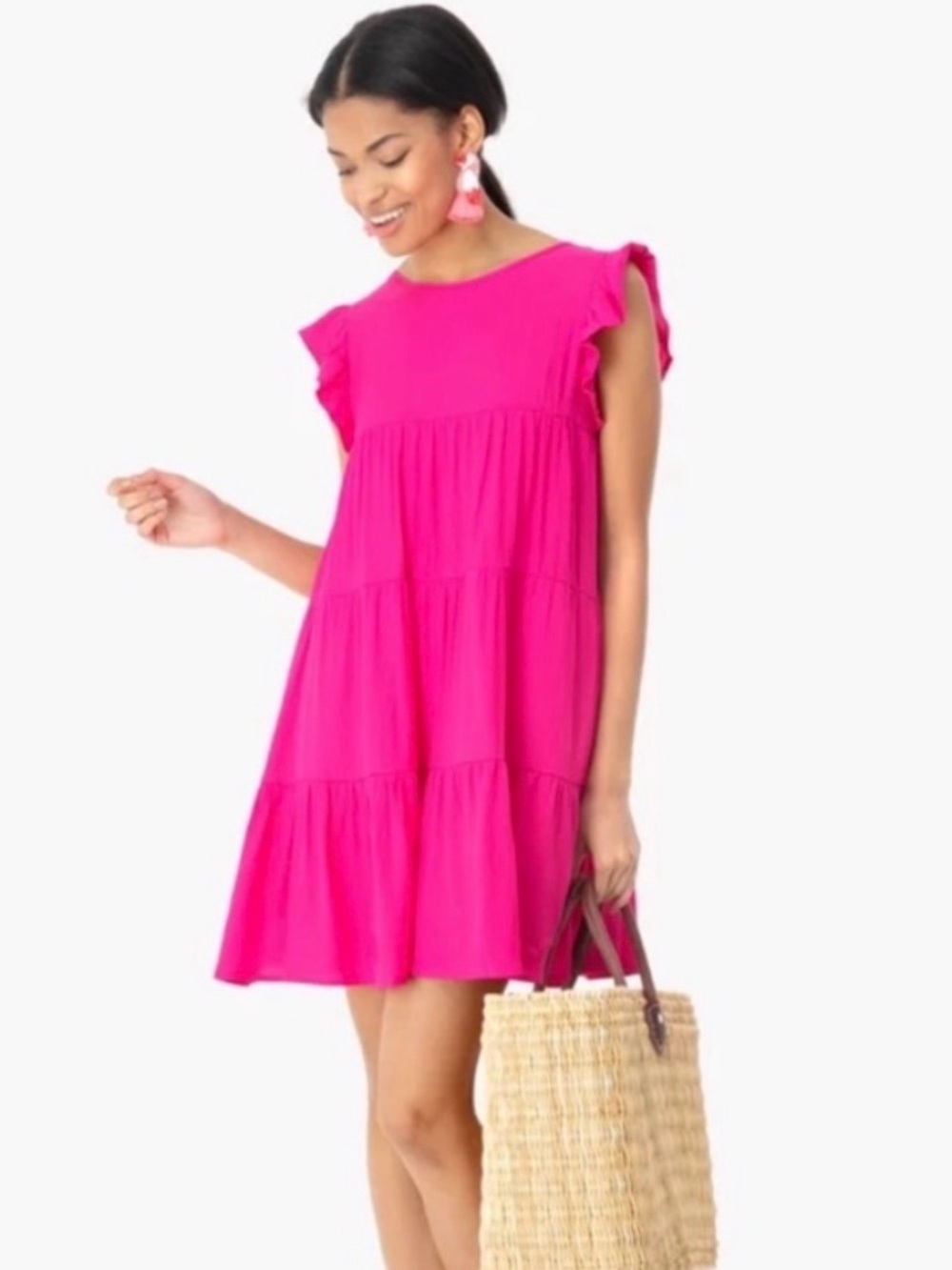 After Market Hot Pink Tiered Mini dress flutter sleeve ruffle baby doll size sma